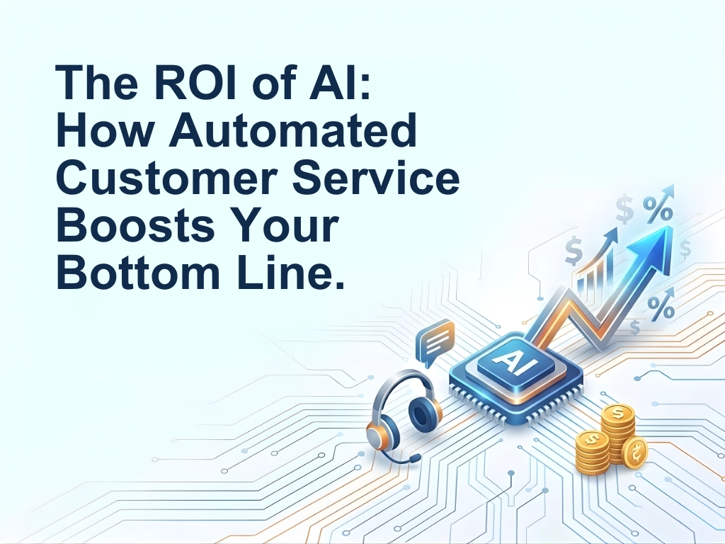 Perfect Business AI article "Text reads 'The ROI of AI: How Automated Customer Service Boosts Your Bottom Line.' Image shows AI chip, upward arrow, headset, and coins."