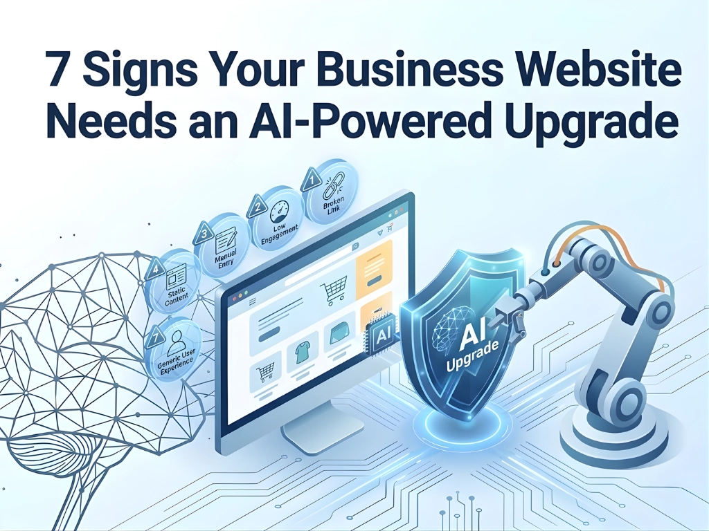 Perfect Business AI "Illustration of a computer screen displaying a shopping website, surrounded by icons of website issues like low engagement and broken links. A robotic arm holds a shield labeled 'AI Upgrade,' suggesting the need for AI enhancements. Background includes digital network elements and the text '7 Signs Your Business Website Needs an AI-Powered Upgrade.'"