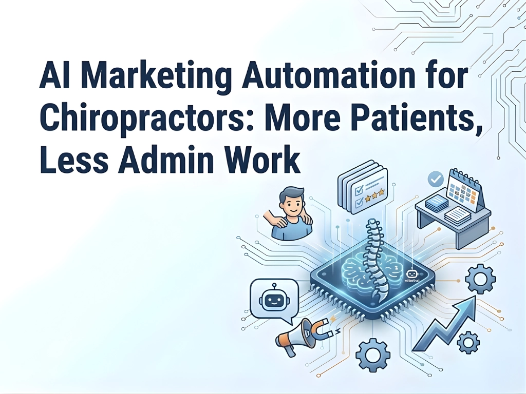 Perfect Business AI AI Marketing Automation graphic for chiropractors features technology icons, a spine, calendar, chat icon, and charts, highlighting efficiency and growth.