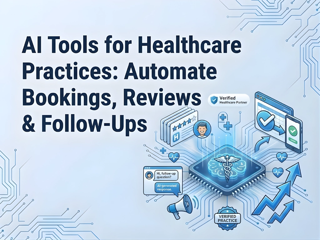 Perfect Business AI graphic illustrating healthcare automation with circuits and icons. Text: "AI Tools for Healthcare Practices: Automate Bookings, Reviews & Follow-Ups." Tone is innovative and efficient.