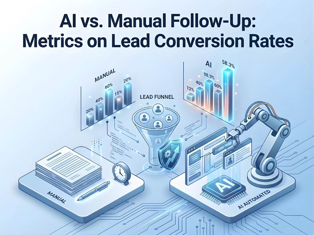 "A comparison of manual versus AI follow-up on lead conversion rates. Bar graphs show AI leading with 58.3% conversions. A robotic arm and paper stack symbolize AI automation and manual methods respectively."