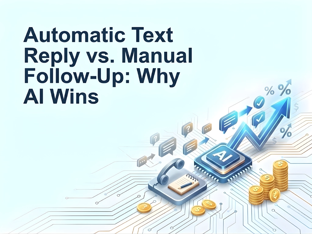 Automatic text vs. manual follow-up graphic with phone, book, AI chip, floating chat bubbles, dollar sign, and upward arrow, symbolizing AI efficiency.