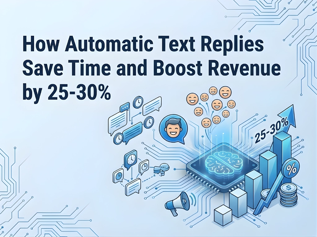 "Graphic with the title 'How Automatic Text Replies Save Time and Boost Revenue by 25-30%,' surrounded by icons of messages, smiley faces, and growth charts."