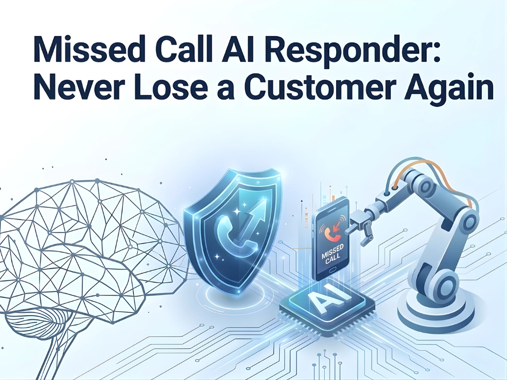"Illustration of AI technology with a robotic arm holding a phone displaying 'Missed Call' and 'AI'. A digital brain and shield icon symbolize innovation and protection. Text reads 'Missed Call AI Responder: Never Lose a Customer Again.'"