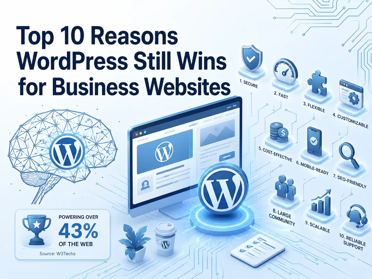 Top 10 Reasons WordPress Still Wins for Business Websites' with icons illustrating advantages such as security, speed, flexibility, and SEO. Includes a trophy indicating WordPress powers over 43% of the web. Digital, modern theme.
