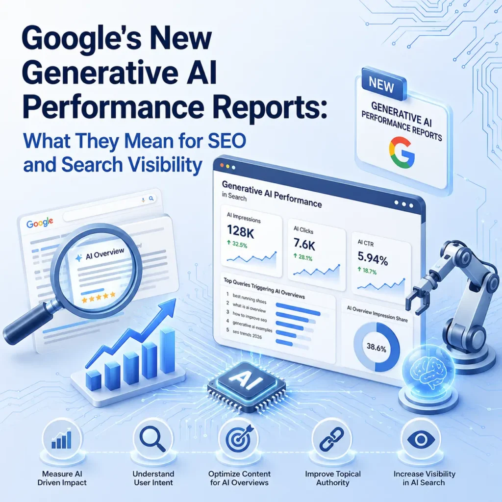 Google's new Generative AI Performance Reports for SEO, showing data graphs, a magnifying glass, and a robotic arm. Keywords highlight AI-driven impact, user intent, content optimization, and search visibility.