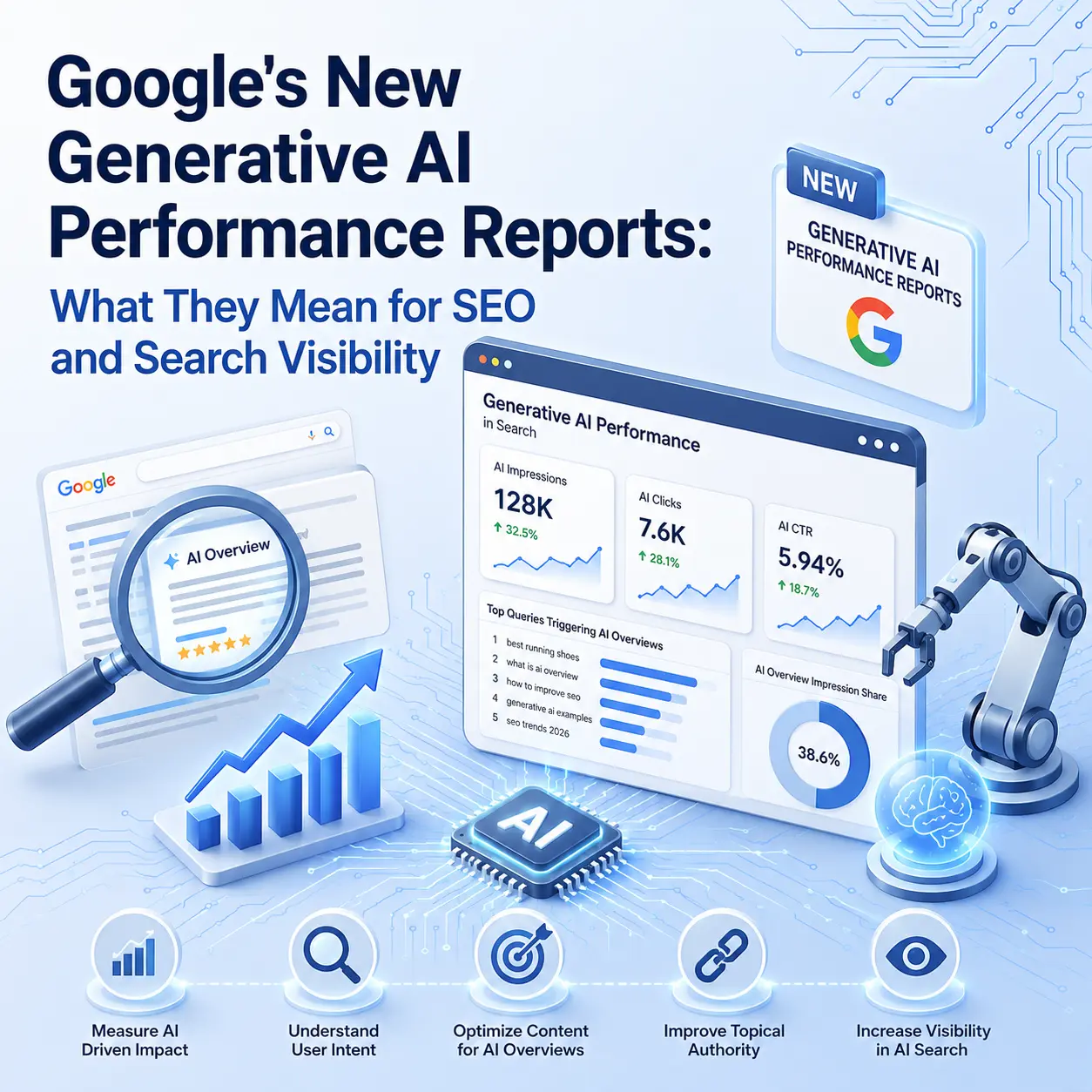 Google's new Generative AI Performance Reports for SEO, showing data graphs, a magnifying glass, and a robotic arm. Keywords highlight AI-driven impact, user intent, content optimization, and search visibility.
