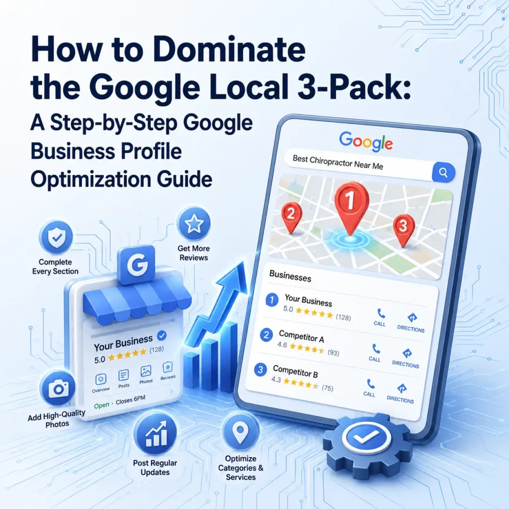 Strategies to optimize Google Local 3-Pack. A phone screen shows a map with pinned locations and business ratings. Surrounding icons represent tips like adding photos, reviews, regular updates, and optimizing categories for local SEO success. The tone is informative and professional.