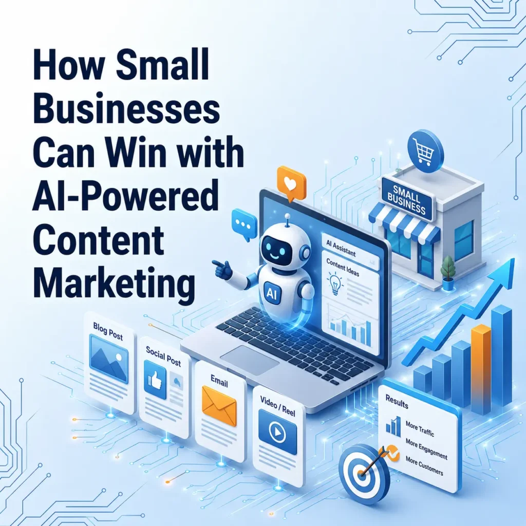Digital illustration of a laptop displaying an AI assistant for content marketing, accompanied by a robot character, various content type icons, and a small business storefront, illustrating the benefits of AI for small businesses.