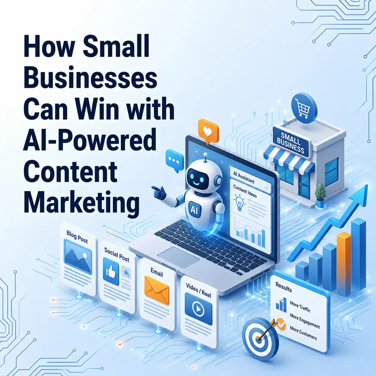 Digital illustration of a laptop displaying an AI assistant for content marketing, accompanied by a robot character, various content type icons, and a small business storefront, illustrating the benefits of AI for small businesses.