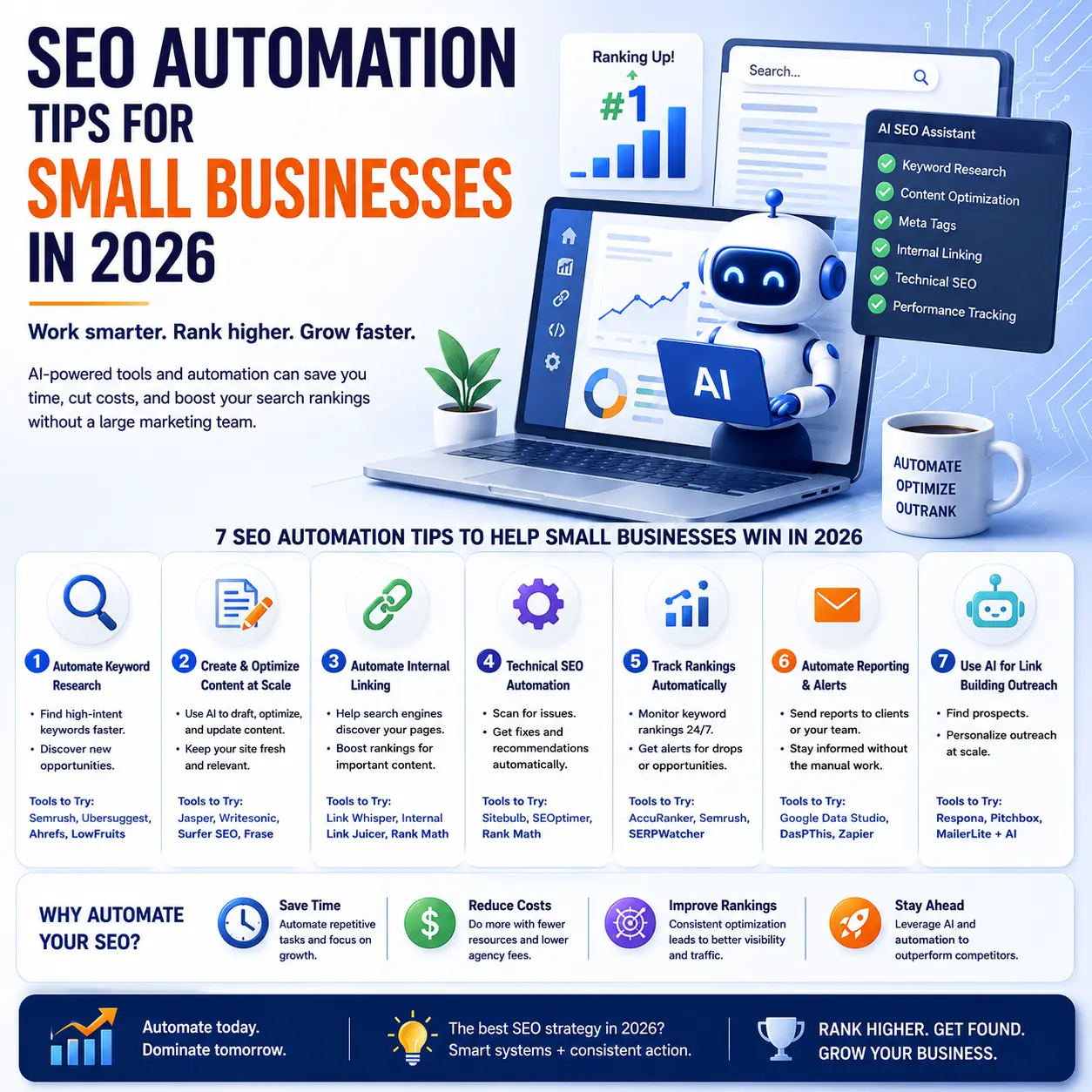 Graphic listing SEO automation tips for small businesses in 2026, featuring a robotic character, a laptop, and seven numbered strategies with icons.