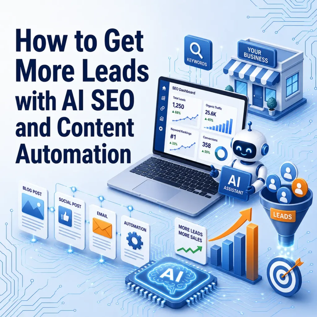 Digital illustration showcasing "How to Get More Leads with AI SEO and Content Automation" featuring a laptop SEO dashboard, an AI robot, and various content types like blog and social posts.