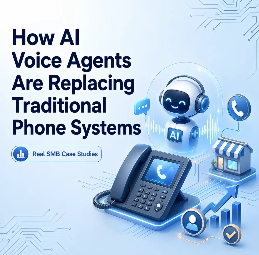 Promotional graphic about AI voice agents replacing traditional phone systems, showing a friendly headset robot, desk phone, storefront, and business charts.