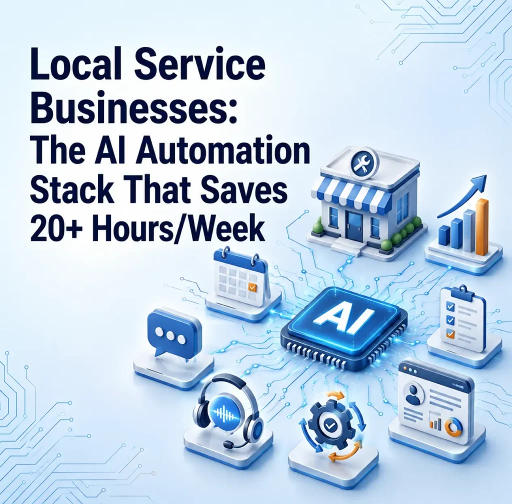 Promotional graphic for local service businesses: “AI Automation Stack That Saves 20+ Hours/Week,” with AI tools, growth chart, and storefront.